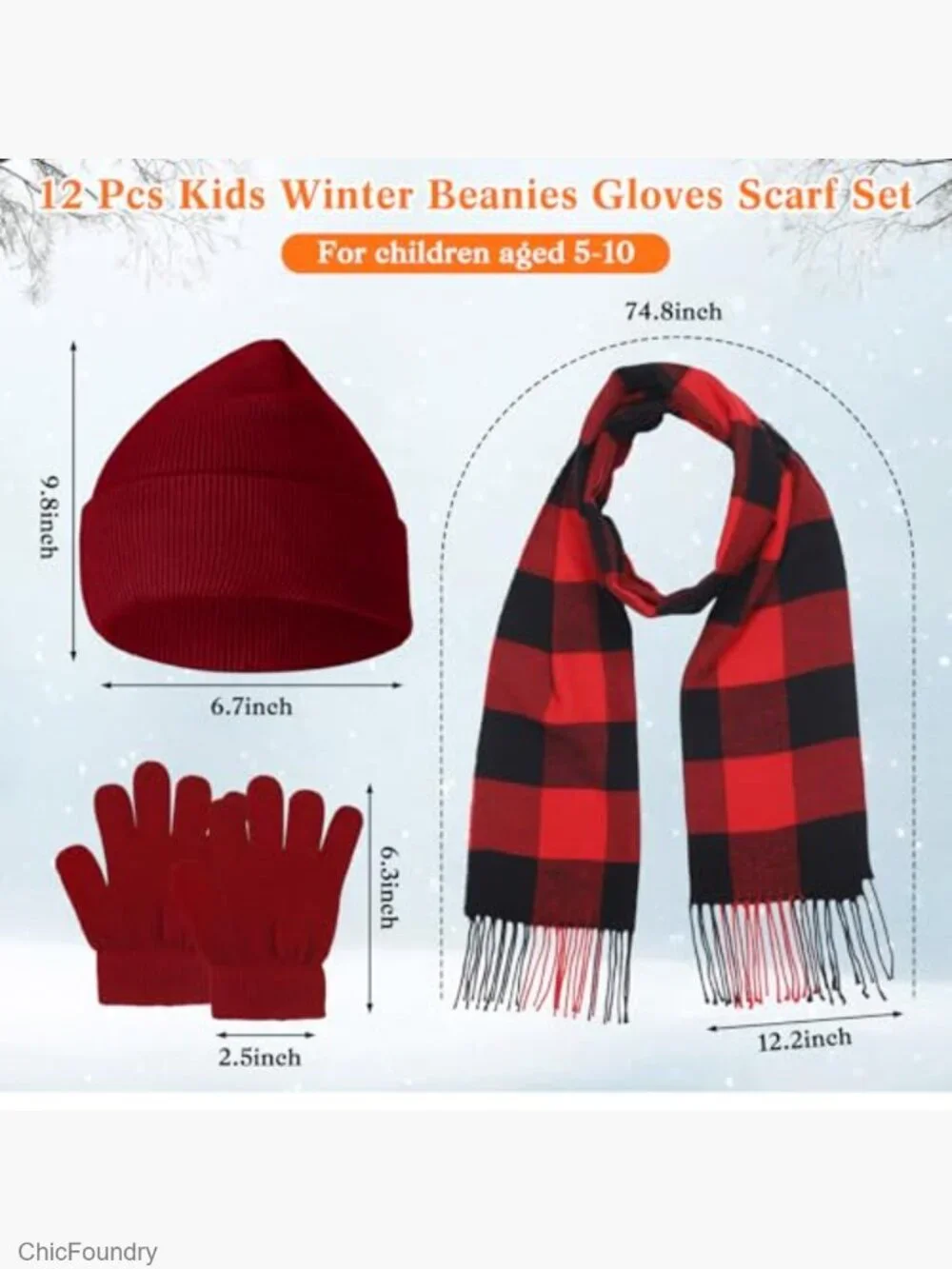 Kids Winter Hat Gloves Scarf Set Knit Beanie 5-10 Boys Girls Cold Weather